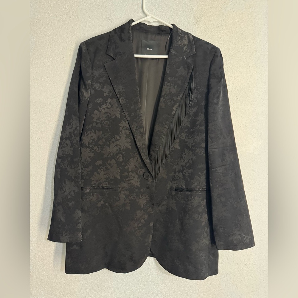 Mango Black Patterned Blazer with fringe breast collar